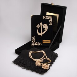 Shawl + Salah Beads + Quran Gift Set (Medium Size, Box, Black) - Thumbnail