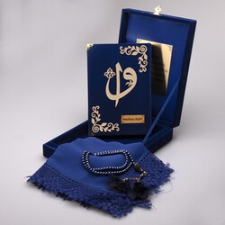 Shawl + Salah Beads + Quran Gift Set (Medium Size, Box, Dark Blue) - Thumbnail