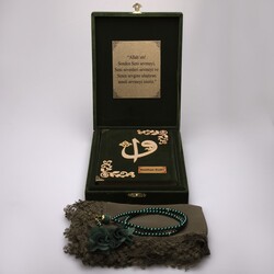 Shawl + Salah Beads + Quran Gift Set (Medium Size, Box, Green) - Thumbnail