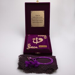 Shawl + Salah Beads + Quran Gift Set (Medium Size, Box, Purple) - Thumbnail