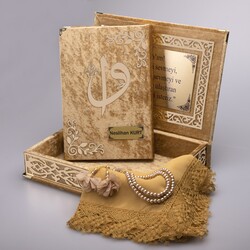 Shawl + Salah Beads + Quran Gift Set (Medium Size, Gold, Gold Plexy) - Thumbnail