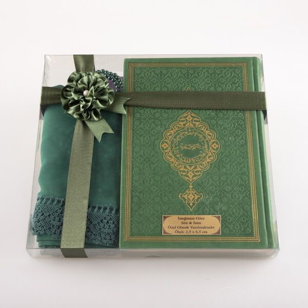 Shawl + Salah Beads + Quran Gift Set (Medium Size, Green)