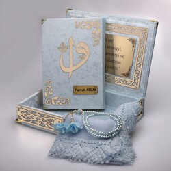 Shawl + Salah Beads + Quran Gift Set (Medium Size, Powder Blue, Gold Plexy) - Thumbnail