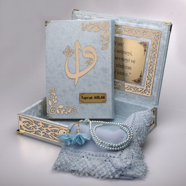 Shawl + Salah Beads + Quran Gift Set (Medium Size, Powder Blue, Gold Plexy)
