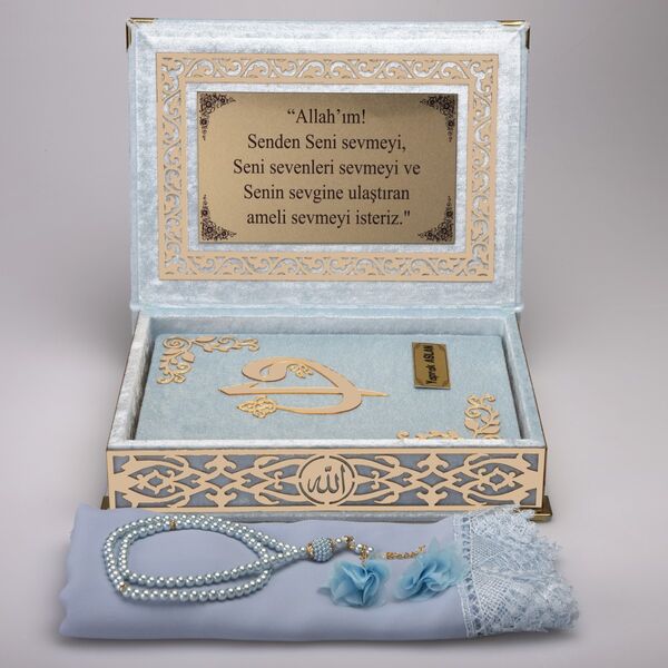 Shawl + Salah Beads + Quran Gift Set (Medium Size, Powder Blue, Gold Plexy)