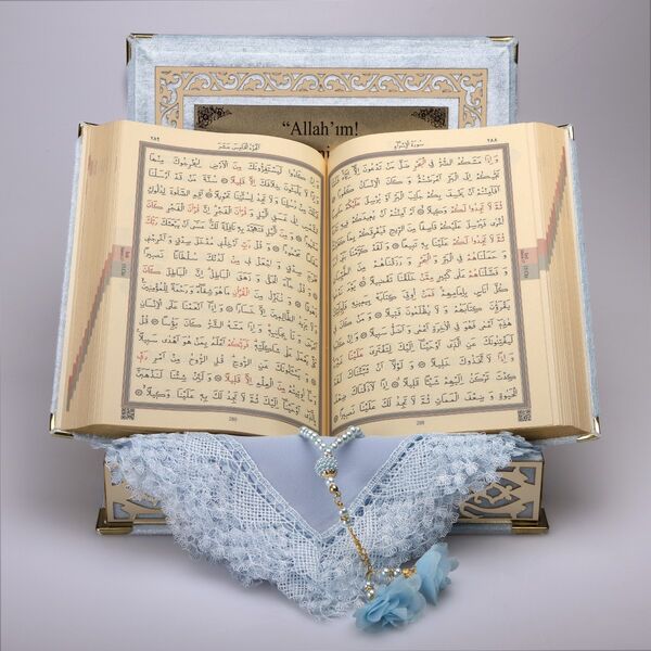 Shawl + Salah Beads + Quran Gift Set (Medium Size, Powder Blue, Gold Plexy)