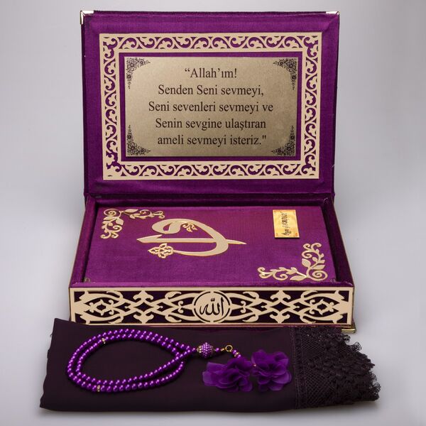 Shawl + Salah Beads + Quran Gift Set (Medium Size, Purple, Gold Plexy)
