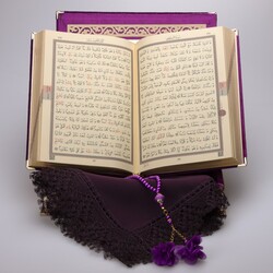 Shawl + Salah Beads + Quran Gift Set (Medium Size, Purple, Gold Plexy) - Thumbnail