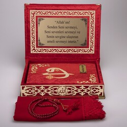 Shawl + Salah Beads + Quran Gift Set (Medium Size, Red, Gold Plexy) - Thumbnail