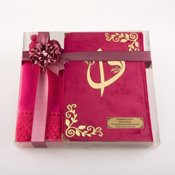 Shawl + Salah Beads + Quran Gift Set (Medium Size, Velvet, Fuchsia Pink)