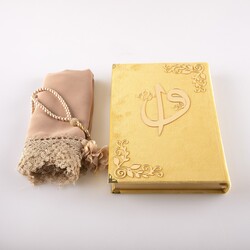 Shawl + Salah Beads + Quran Gift Set (Medium Size, Velvet, Gold) - Thumbnail