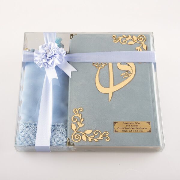 Shawl + Salah Beads + Quran Gift Set (Medium Size, Velvet, Light Blue)