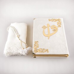 Shawl + Salah Beads + Quran Gift Set (Medium Size, Velvet, White) - Thumbnail