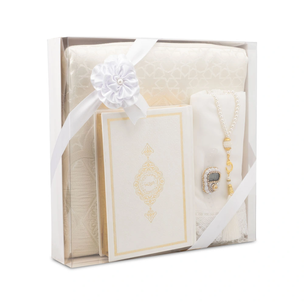 Şönil Seccade + Şal + Tesbih + Zikirmatik + Hafız Boy Kuran Hediye Seti (Beyaz) - Thumbnail