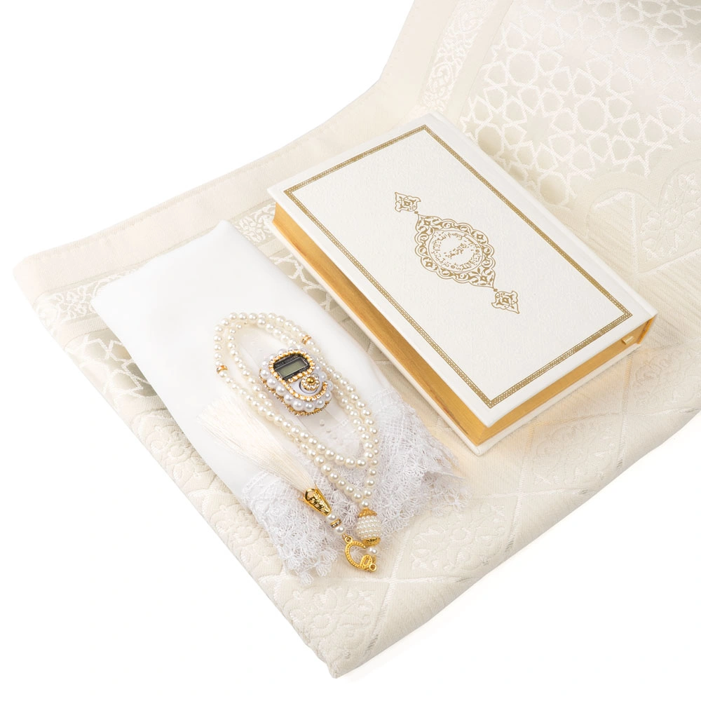 Şönil Seccade + Şal + Tesbih + Zikirmatik + Hafız Boy Kuran Hediye Seti (Beyaz) - Thumbnail