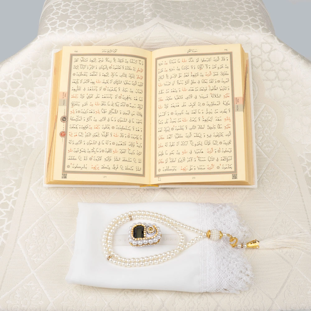 Şönil Seccade + Şal + Tesbih + Zikirmatik + Hafız Boy Kuran Hediye Seti (Beyaz) - Thumbnail