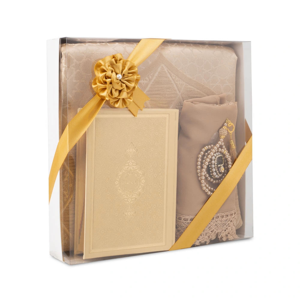 Şönil Seccade + Şal + Tesbih + Zikirmatik + Hafız Boy Kuran Hediye Seti (Gold) - Thumbnail