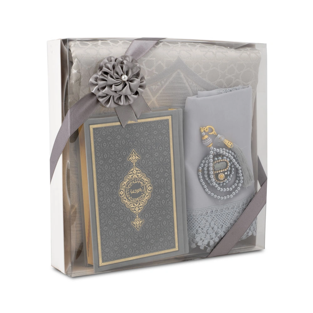 HAYRAT NEŞRİYAT - Şönil Seccade + Şal + Tesbih + Zikirmatik + Hafız Boy Kuran Hediye Seti (Gri)