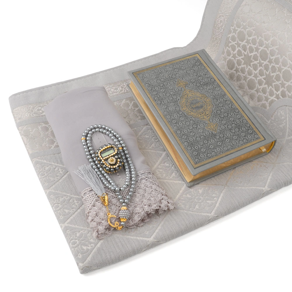 Şönil Seccade + Şal + Tesbih + Zikirmatik + Hafız Boy Kuran Hediye Seti (Gri)
