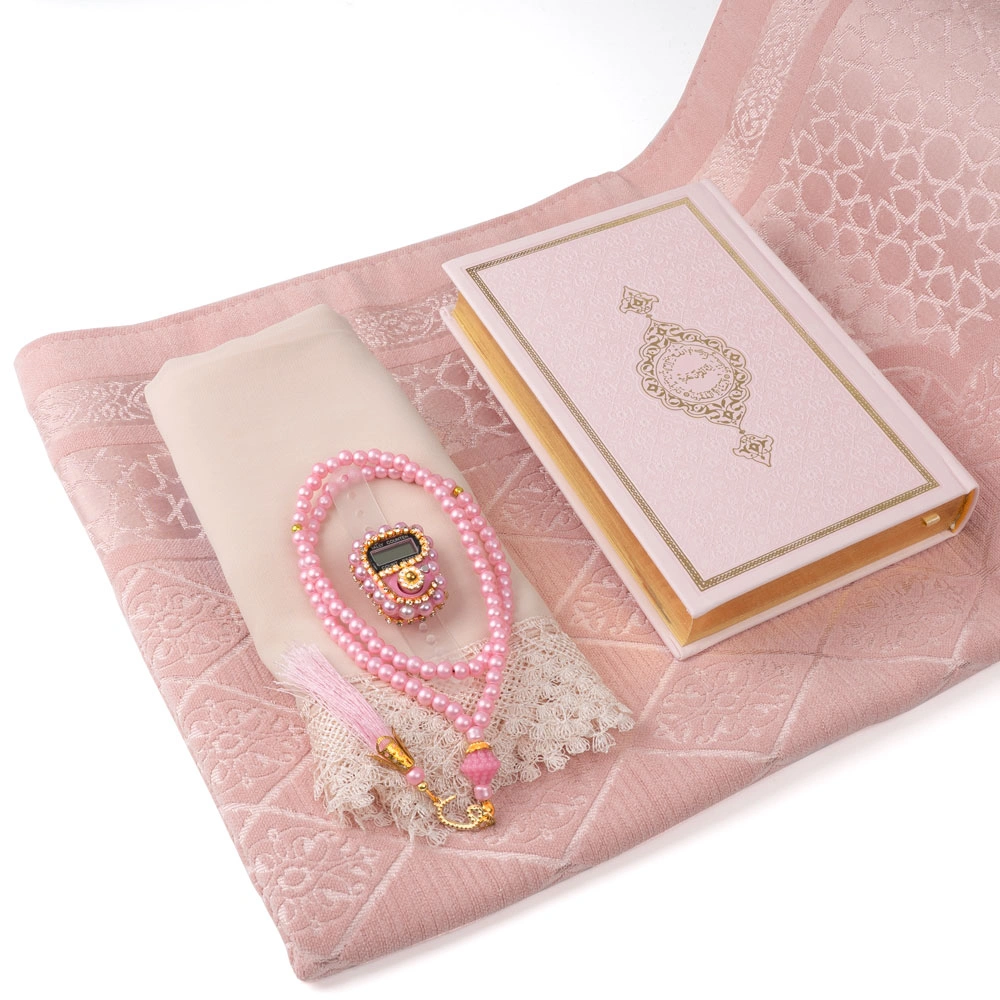 Şönil Seccade + Şal + Tesbih + Zikirmatik + Hafız Boy Kuran Hediye Seti (Pembe) - Thumbnail