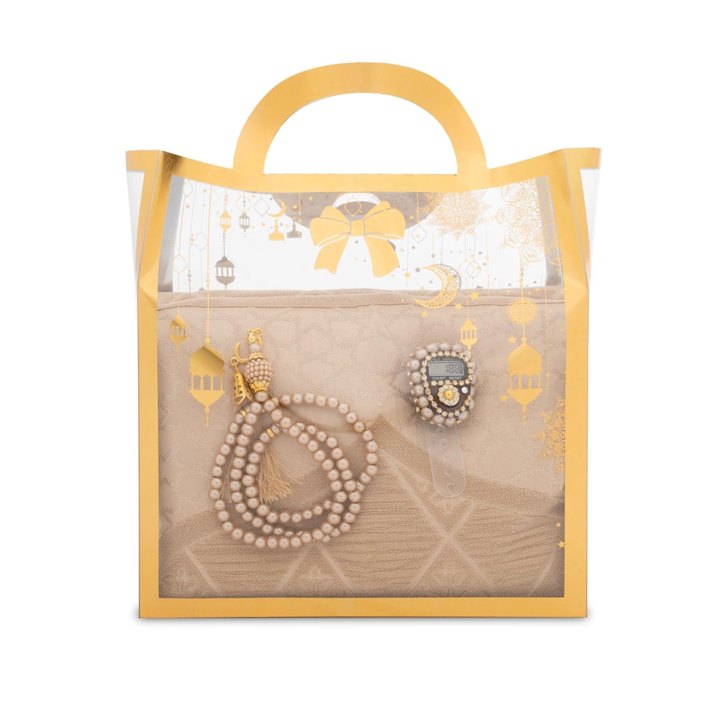 Şönil Seccade + Tesbih + Boncuklu Zikirmatik Hediye Seti (Gold)