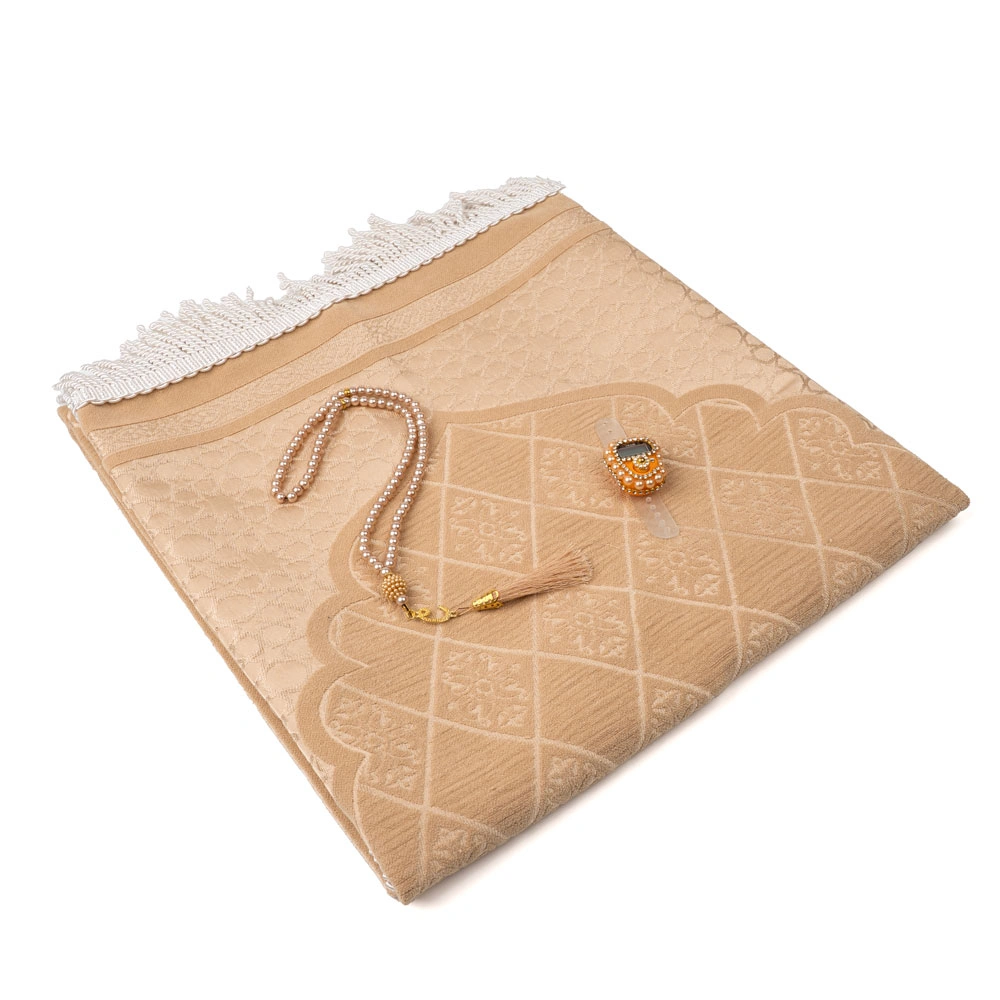 Şönil Seccade + Tesbih + Boncuklu Zikirmatik Hediye Seti (Gold)