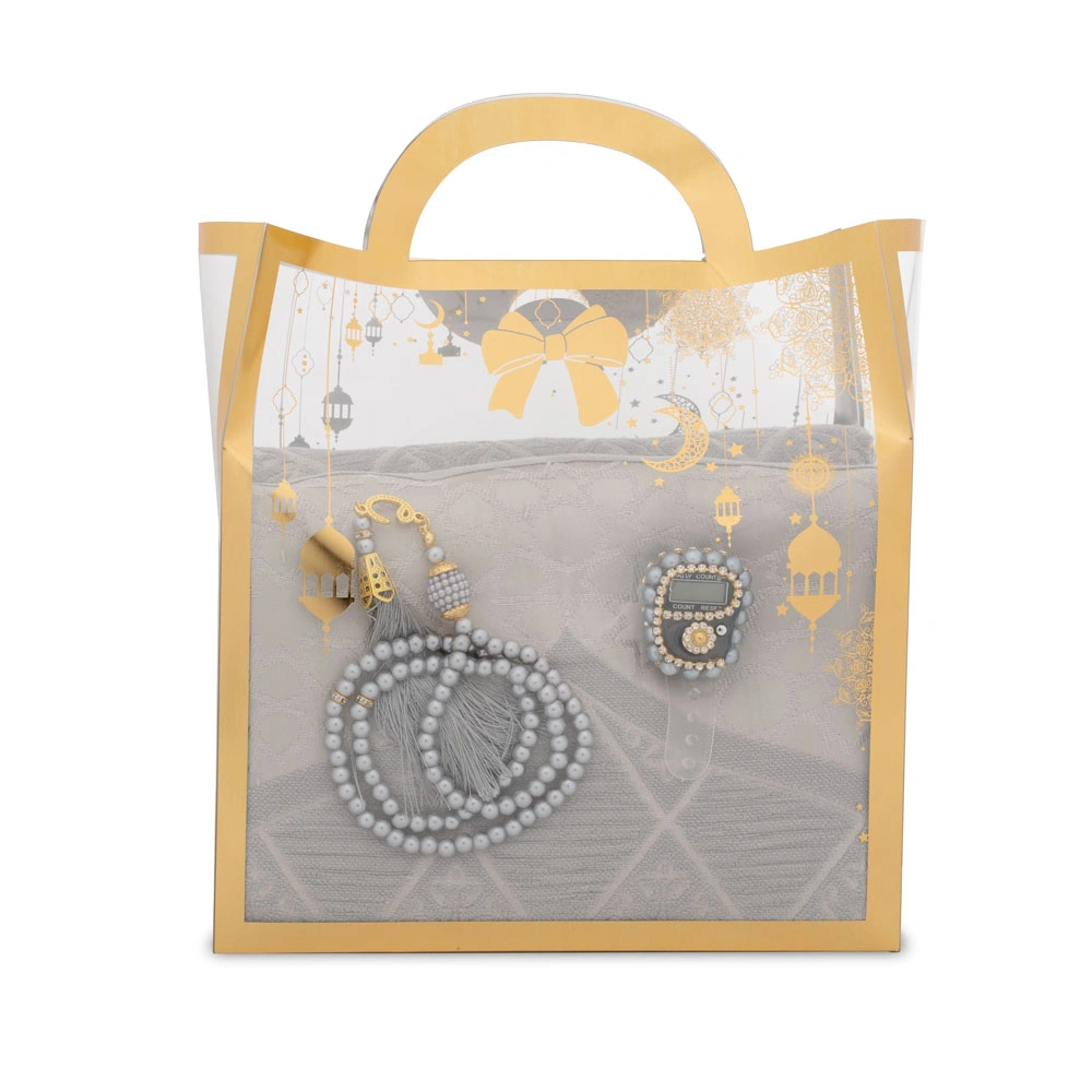 Şönil Seccade + Tesbih + Boncuklu Zikirmatik Hediye Seti (Gri)