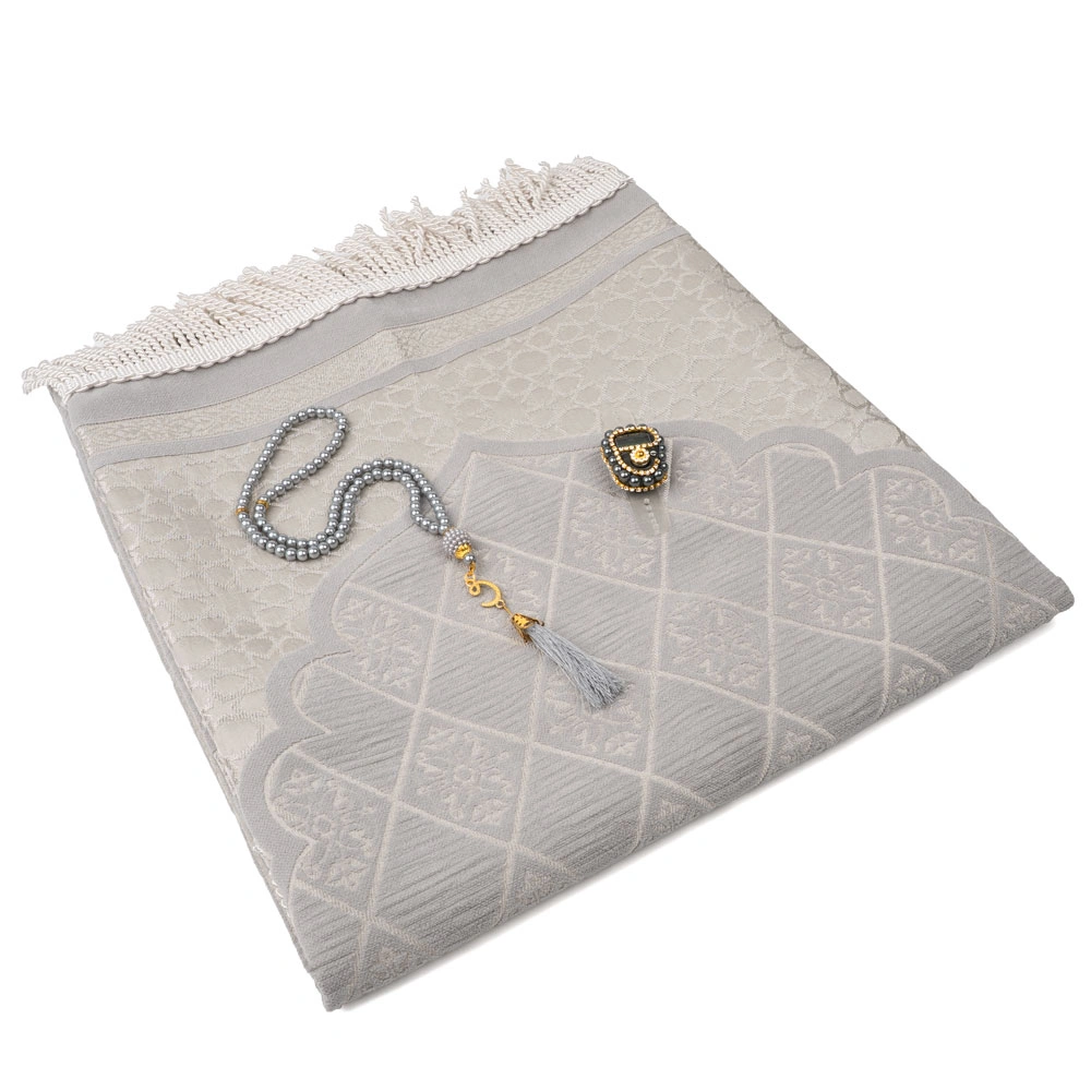 Şönil Seccade + Tesbih + Boncuklu Zikirmatik Hediye Seti (Gri) - Thumbnail