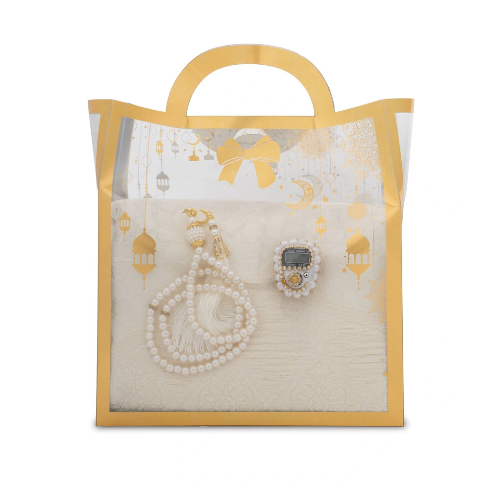 Şönil Seccade + Tesbih + Boncuklu Zikirmatik Hediye Seti (Krem)