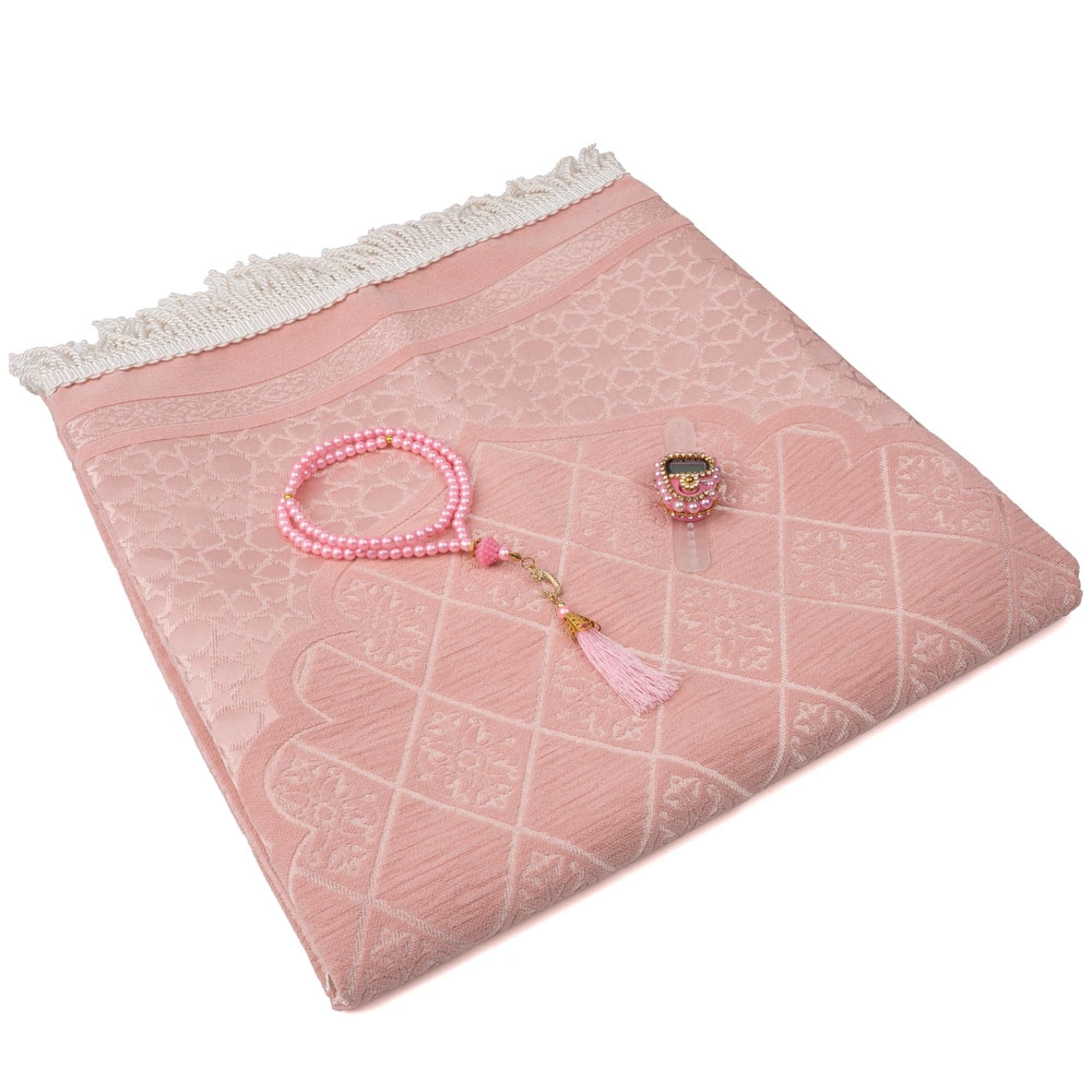 Şönil Seccade + Tesbih + Boncuklu Zikirmatik Hediye Seti (Pembe) - Thumbnail