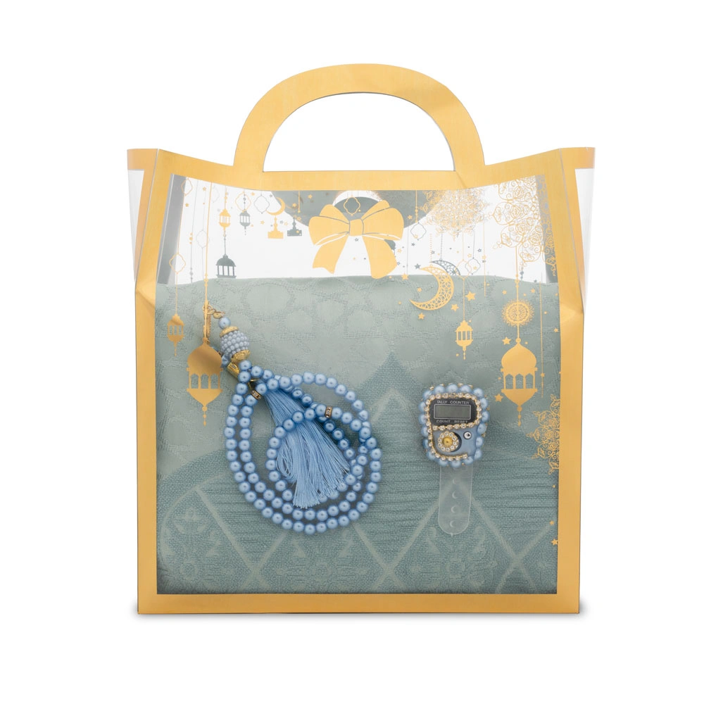 Şönil Seccade + Tesbih + Boncuklu Zikirmatik Hediye Seti (Turkuaz)