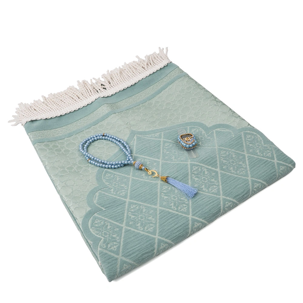 Şönil Seccade + Tesbih + Boncuklu Zikirmatik Hediye Seti (Turkuaz) - Thumbnail
