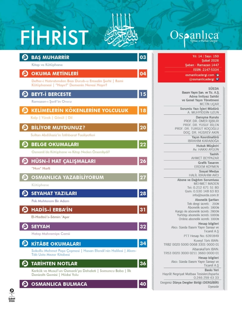 Şubat 2026 Osmanlıca Dergisi