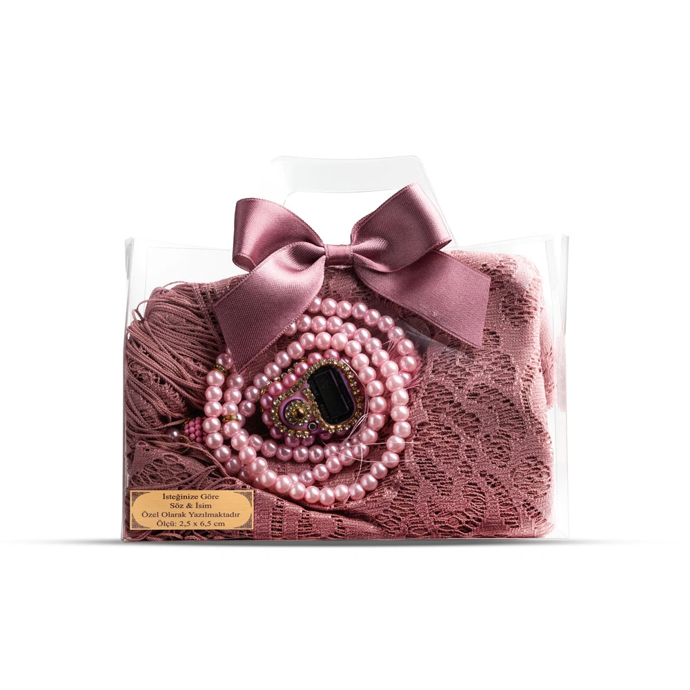 Tesbih + Dantelli Şal + Zikirmatik Hediye Seti (Asetat Kutulu, Pembe)
