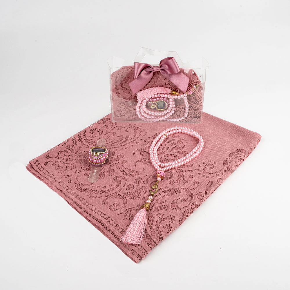 Tesbih + Dantelli Şal + Zikirmatik Hediye Seti (Asetat Kutulu, Pembe)