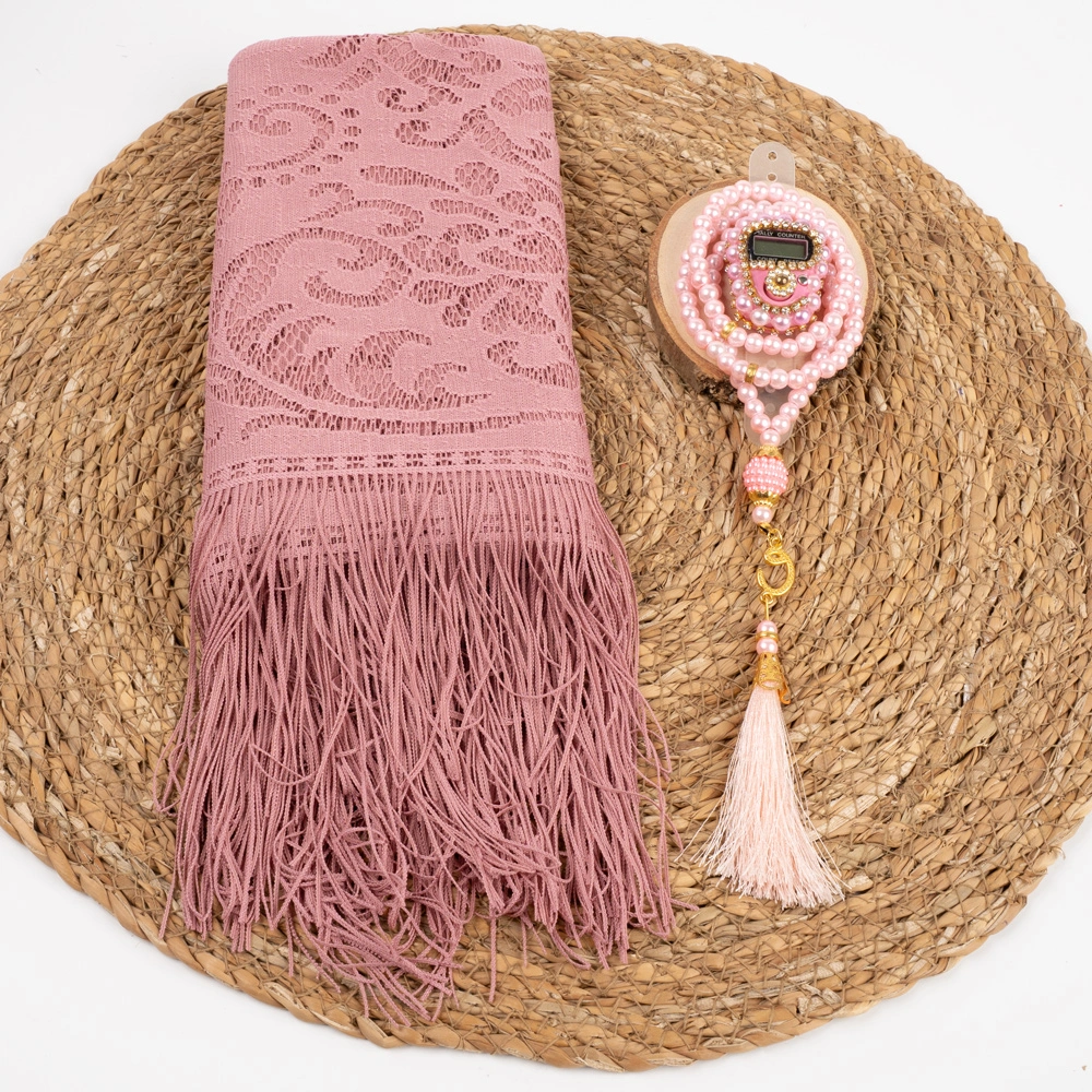 Tesbih + Dantelli Şal + Zikirmatik Hediye Seti (Asetat Kutulu, Pembe)