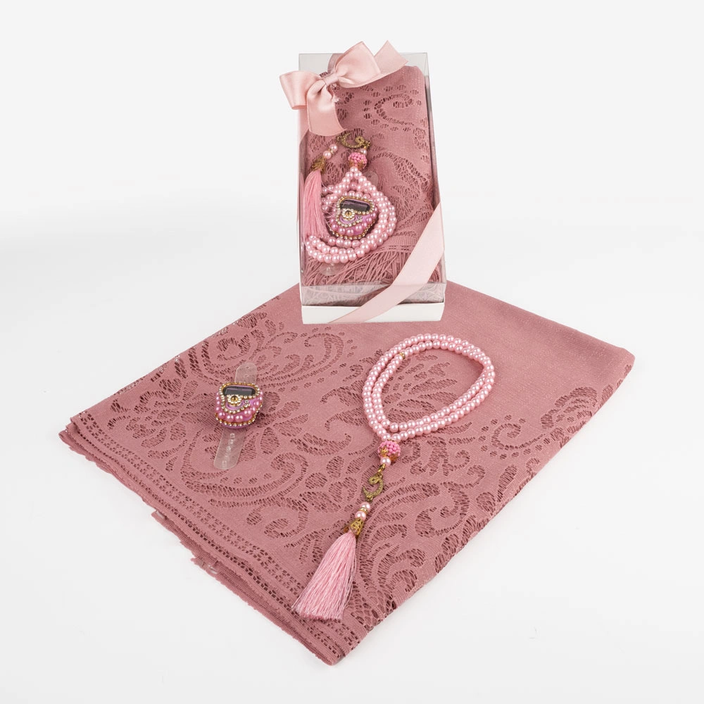 Tesbih + Dantelli Şal + Zikirmatik Hediye Seti (Kraft Asetat Kutulu, Pembe)