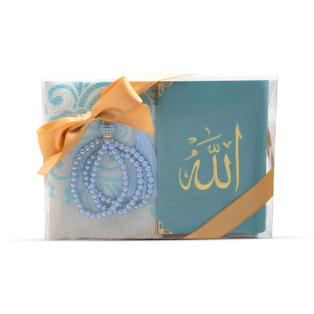 Tesbih + Seccade + Büyük Cep Boy Kadife Kuran Hediye Seti (Nakışlı, Turkuaz) - Thumbnail