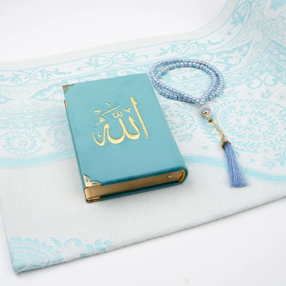 Tesbih + Seccade + Büyük Cep Boy Kadife Kuran Hediye Seti (Nakışlı, Turkuaz)