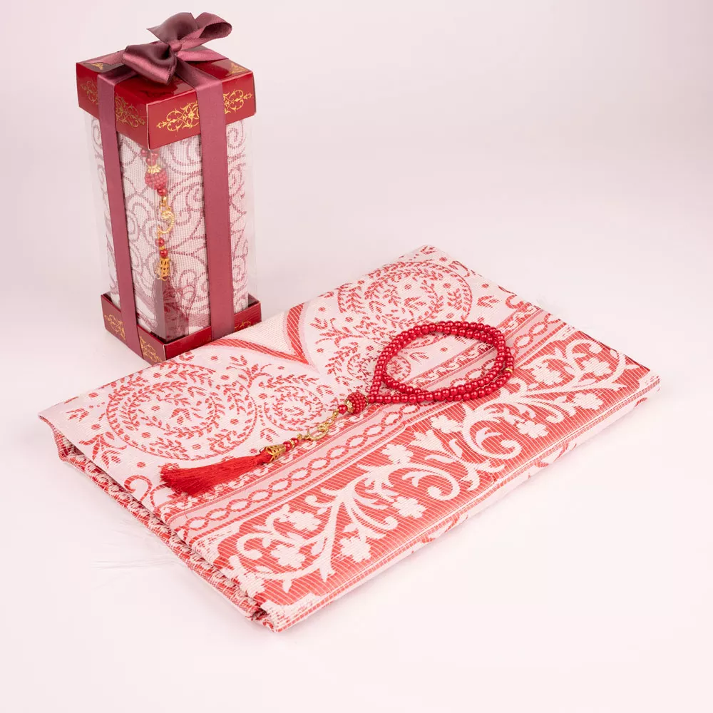 HAYRAT NEŞRİYAT - Tesbih + Seccade Hediye Seti (Desenli Dik Asetat Kutu, Bordo)