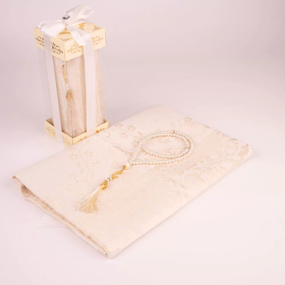 HAYRAT NEŞRİYAT - Tesbih + Seccade Hediye Seti (Desenli Dik Asetat Kutu, Krem)