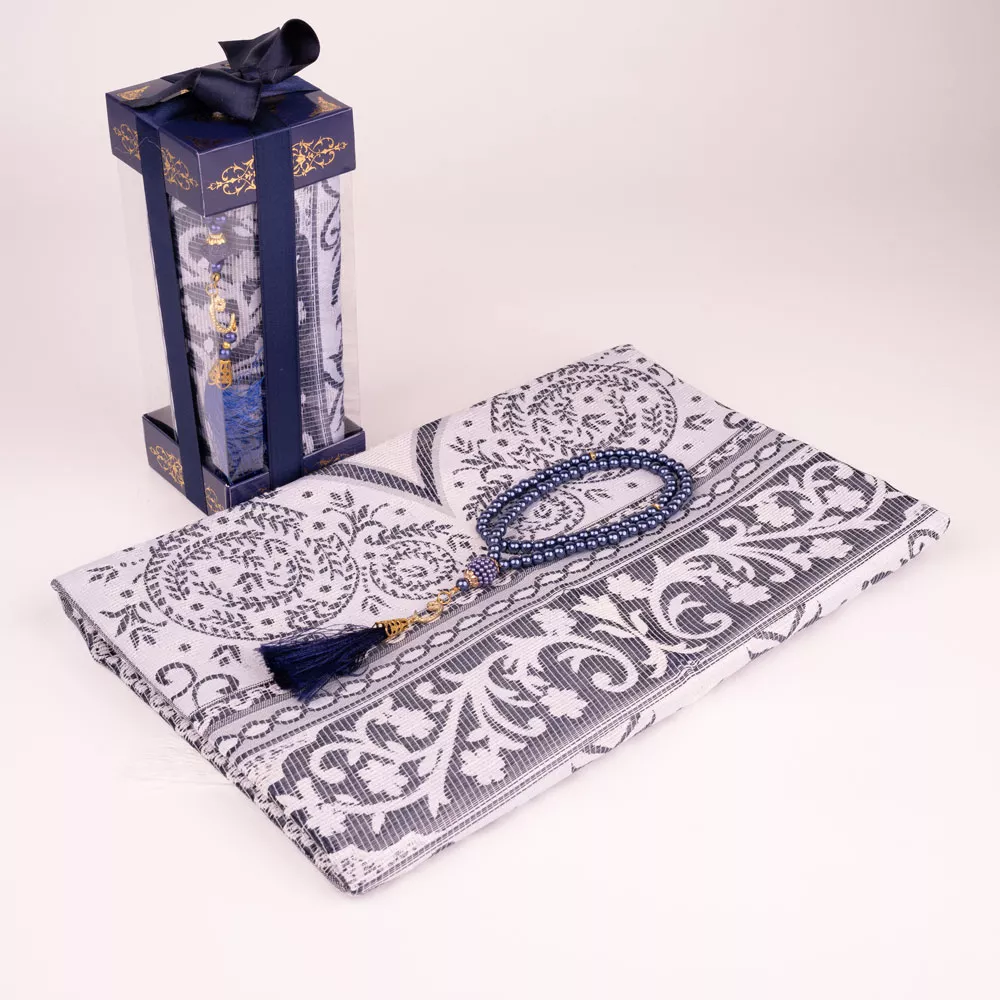 HAYRAT NEŞRİYAT - Tesbih + Seccade Hediye Seti (Desenli Dik Asetat Kutu, Lacivert)