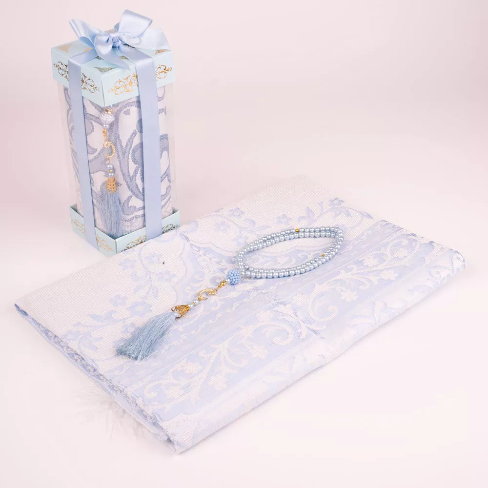 HAYRAT NEŞRİYAT - Tesbih + Seccade Hediye Seti (Desenli Dik Asetat Kutu, Mavi)