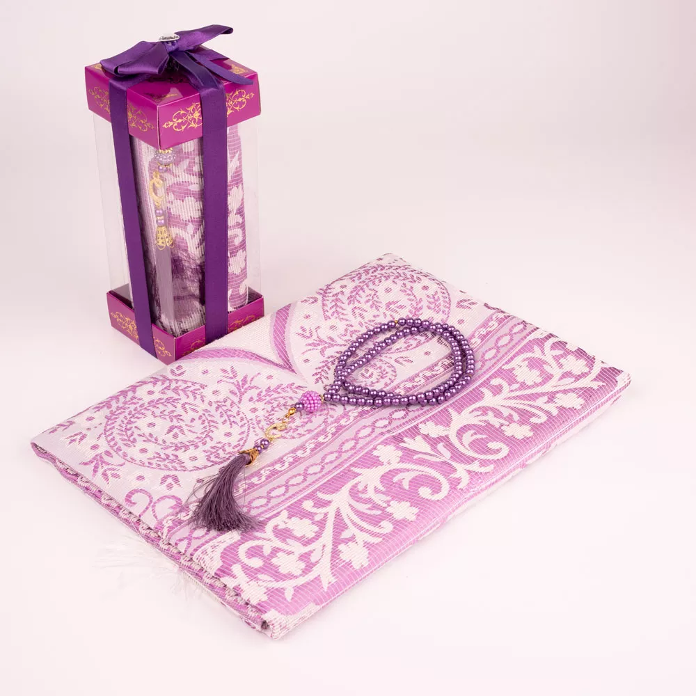 HAYRAT NEŞRİYAT - Tesbih + Seccade Hediye Seti (Desenli Dik Asetat Kutu, Mor)