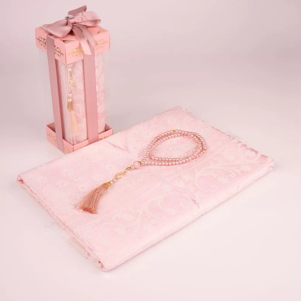 HAYRAT NEŞRİYAT - Tesbih + Seccade Hediye Seti (Desenli Dik Asetat Kutu, Pudra Pembe)