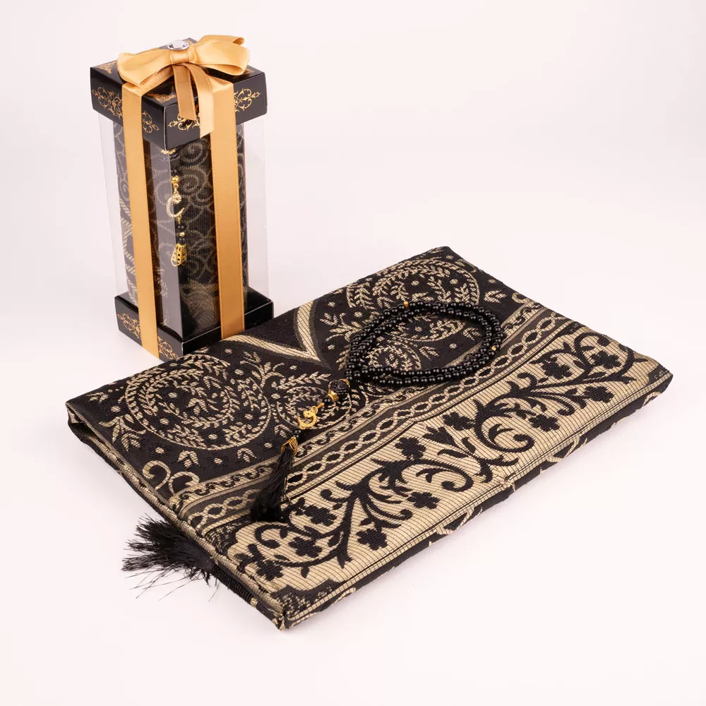 HAYRAT NEŞRİYAT - Tesbih + Seccade Hediye Seti (Desenli Dik Asetat Kutu, Siyah)