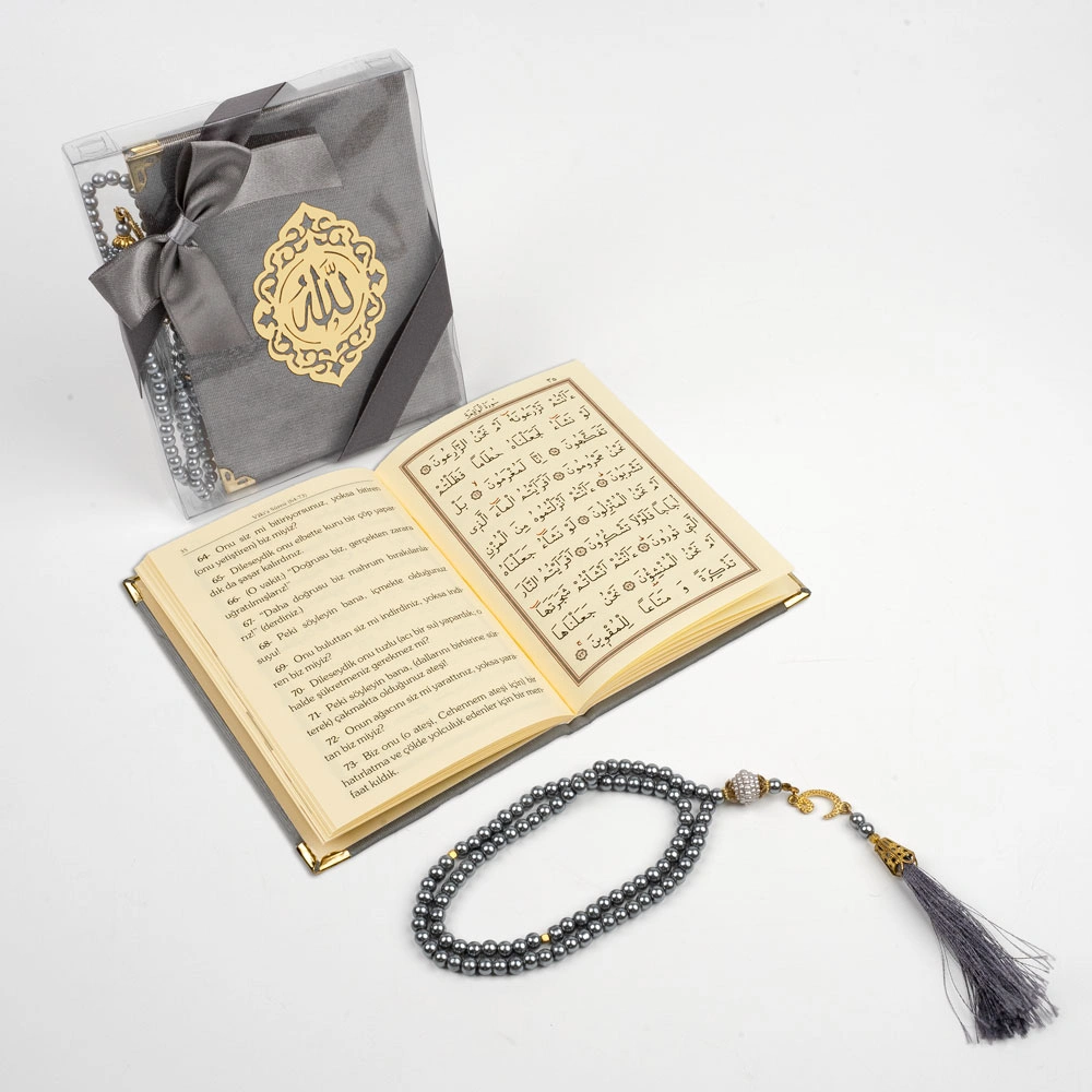 Tesbih + Yasin Hediye Seti (Çanta Boy, Asetat Kutulu, Gri)
