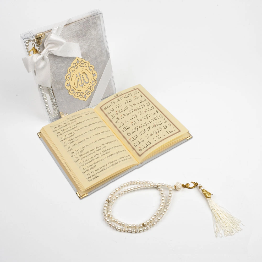Tesbih + Yasin Hediye Seti (Çanta Boy, Asetat Kutulu, Krem)