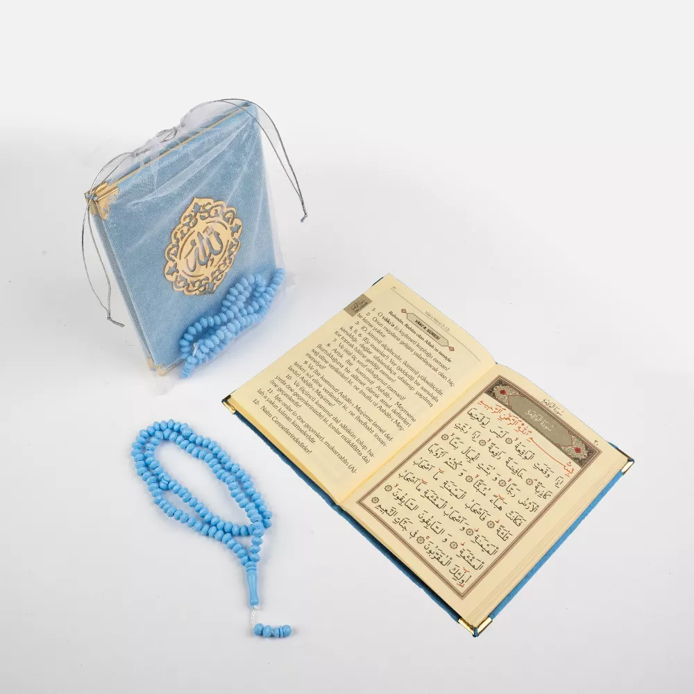 Gül Kokulu Tesbih + Yasin Hediye Seti (Çanta Boy, Lafzatullah, Tül Keseli, Bebe Mavi)