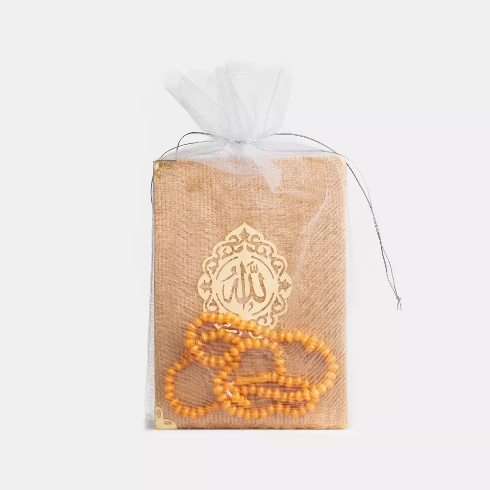 HAYRAT NEŞRİYAT - Gül Kokulu Tesbih + Yasin Hediye Seti (Çanta Boy, Lafzatullah, Tül Keseli, Gold)